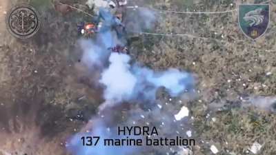 Russian solider blown to pieces with drone drop. Krynky region.