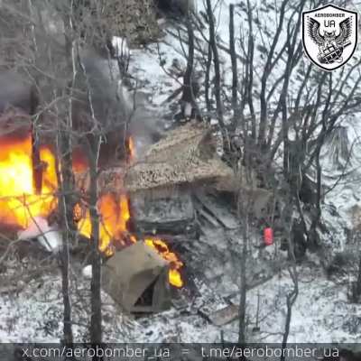 russian camp and car get burned down by drone dropped grenades. Visibly frustated russian on location.