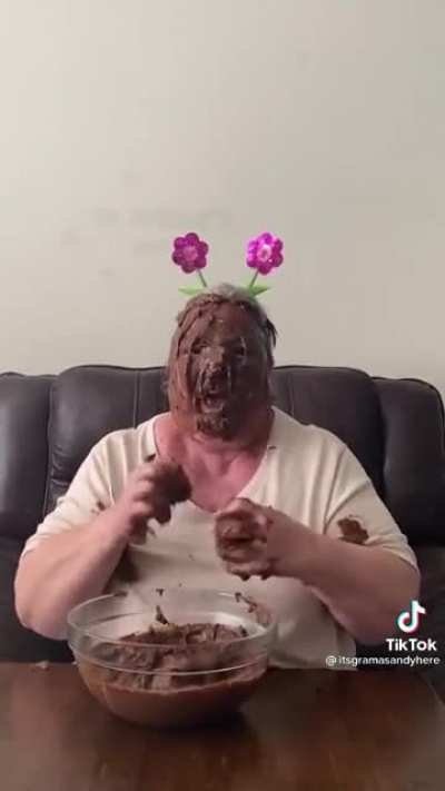 Grandma stretched chocolate all over face