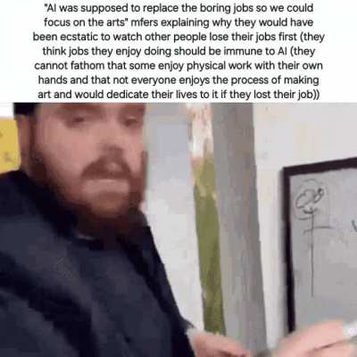 Do they genuinely believe that building physical robots and machinery is somehow easier than generating art, music, and videos? That people decided to create AI digital media specifically because they wanted to make people work boring jobs forever and not