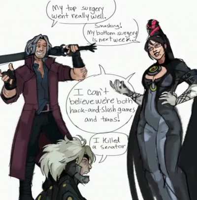 Transgender-Themed Fancomic Dub of Dante from Devil May Cry, Bayonetta from Bayonetta, and Raiden from Metal Gear Rising by OkamiWolven the artist, dubbed by FunnyWes. Includes Top Surgery and Bottom Surgery references in a positive manner.