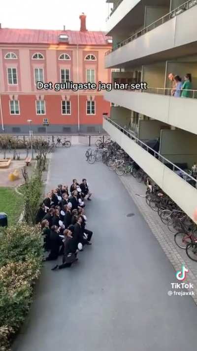 For hundreds of years, the evening before prom. Male student choirs in Uppsala Sweden go around the city and sing outside their loved ones. The tradition is called the "Serenade night"