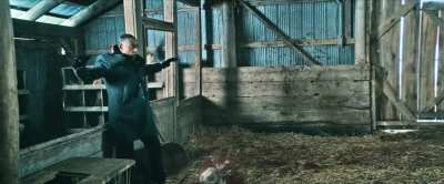 In "The Boys" (2019-), Giancarlo Esposito's character almost gets killed by a chicken. This is due to the mass killings of chickens he committed back when he was running Los Pollos Hermanos.