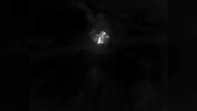 Ukrainian drone dropped grenades on Russian armored vehicles by Bilohorivka. February 2024 (music from source)