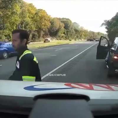 Wow, he didn't get blasted apart! :o Watch out &amp; get a clear unobstructed view of the traffic before crossing or entering a road, you guys