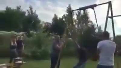 Newton&rsquo;s 1st law of motion: A body in motion stays in motion (and may fall off swing and bust his neck into a fence like a dang fool)