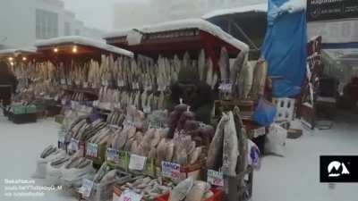 Open air market at -45&deg;C (-49&deg;F) where fish and meat remain naturally frozen (Yakutsk, Russia)