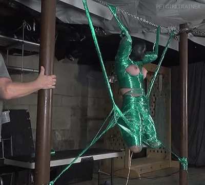 A cocoon of plastic wrap and tape. Forced to orgasm from the wand on her clit. Her tits will get the whip in the morning.