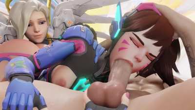 D.va deepthroating a cock while Mercy watch her (bewyx) 