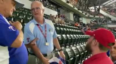 MAGAs get ejected from Texas Rangers game for unfurling a large trump won flag.