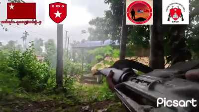 People’s Defense Force attack on Myanmar military checkpoint between Bilin and Kyaitko townships. POV’s gun is shot and rendered inoperable 2:23. 