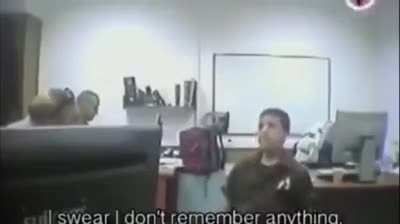 Ahmad Manasrah is a Palestinian kid who was shot and arrested by the Israeli police 6 years ago when he was only 11 years old, he's 17 now and still is jailed, this is footage from how they interrogated him.