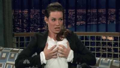 Evangeline Lilly groping her boobs in interview