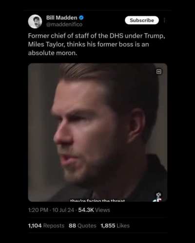 Miles Taylor Former Cheif of Staff of the Deparment of Homeland Security under Trump: "I'm more Republican than Donald Trump, he's not a Conservative but putting politics aside and engaging with the man. You realize he's an idiot."