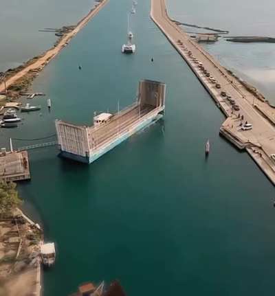 The Floating Bridge of Agia Mavra rotates for boats and vehicles 24/7