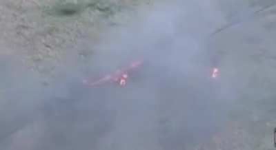 Burning Russian soldiers run from their stricken vehicle after an unsuccessful Russian mechanized assault. From the 425th Assault Batalion "Skala". Zoomed in segment from a longer video.
