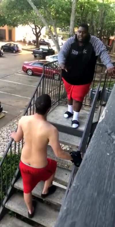 Guy acts tough, doesn't have the high ground, catches Sparta kick to the chest