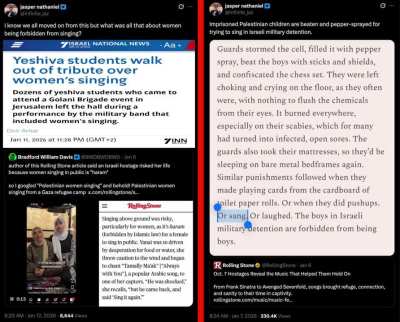 Rolling Stone article claims women are forbidden from singing in public in Palestinian society. X user &amp;amp; journalist Jasper Nathaniel debunks that &amp;amp; points out examples of Israelis protesting women singing or abusing Palestinians for doing so.