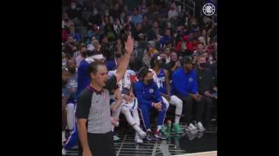 [Highlight] Paul George drills a step back three over McCollum, Luke Kennard behind him at the bench shaking his head in disbelief
