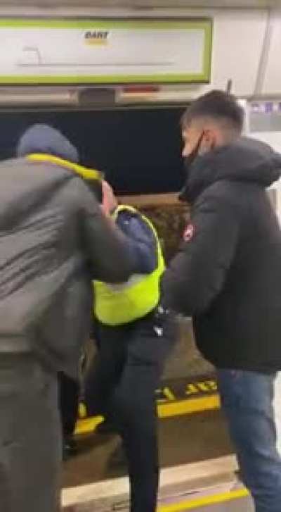 Saw this on r/instantkarma. Three young lads dragged off the dart for "throwing bottles"