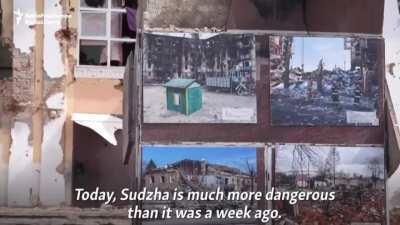 Ukrainian soldiers in Kursk have put up photos of destroyed Ukrainian towns &amp;amp; cities. "It's so the locals can see what russia has been doing in Ukraine for more than 2 years"