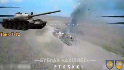 Ukrainian FPV drones destroy a russian BREM-1 recovering a T-62, which was also destroyed.