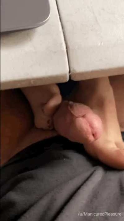 [OC] Working from home due to Coronavirus so she used my cock as a foot rest... she's been on a video conference call for the past hour. Once I have my next meeting she's going to edge me and make me cum in front of my co-workers on webcam... I wonder if 