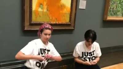 Just Stop Oil Activists have thrown tomato soup on Van Gogh&rsquo;s Sunflowers at the National Gallery in London and glued themselves to the wall.