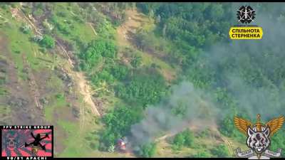 A Russian T-62M of the camouflaged bird cage variant is getting destroyed by a Ukrainian FPV quad.