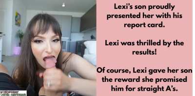 Lexi rewards her son for his excellent report card (NO SOUND)
