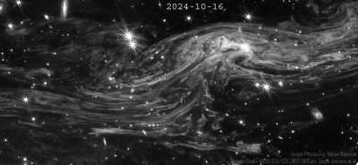 New frame for the Cassiopeia A supernova light echo. JWST NIRCam images with filter F444W from August to December 2024. Last two frames have quite the gap of two months. Processed by Melina Th&eacute;venot