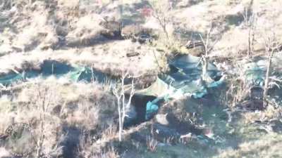 A Russian FPV drone blows up an AFU position after spotting a soldier *relieving* himself. Near Kremmina, November 2023.
