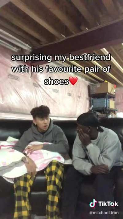 Guy buys shoes for his hardworking roommate