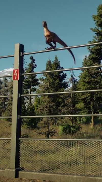 Velociraptor climbs over fence in Jurassic World Evolution 2