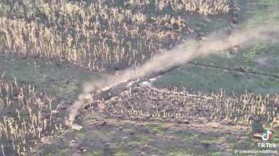A Russian Armored Column consisting of BMP-2, BMP-1, T-80BV, T-80BVM Tanks hit a minefield and were hit by artillery of the Ukrainian 4th NG Brigade &amp; 24th Assault Battalion "Aidar", 5th Assault Brigade 

In the Klishchiivka, Donetsk region (48&deg;32'40.3"N 