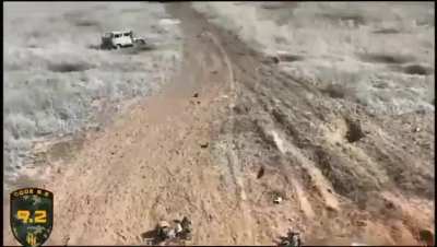 NSFW Drone Drops conducted by Code 9.2 Unit, part of the 92nd Assault Brigade. Shows a bombed out and destroyed russian column first (March 2024, Bakhmut Direction)