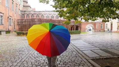 Which do you like better, the 800 year old castle courtyard, the umbrella or maybe something else?
