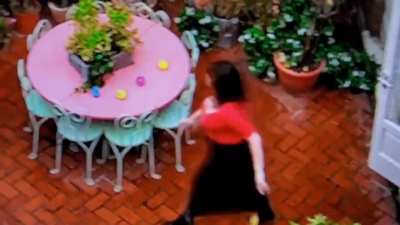 Walking across courtyard