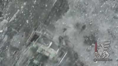 A Ukrainian drone drops charges on Russian infantry as they attempt to disembark from the IFV.