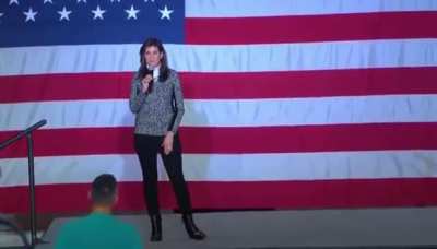 Nikki Haley speech today gets interrupted: “No new wars! I'm done with the military industrial complex. We're sick of the wars, we want America First”