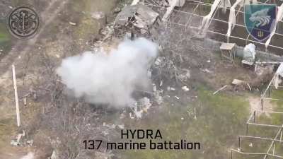 3 russian Marines went into a building in Krynki which was then collapsed on top of them. Bodies visible. March 2024.