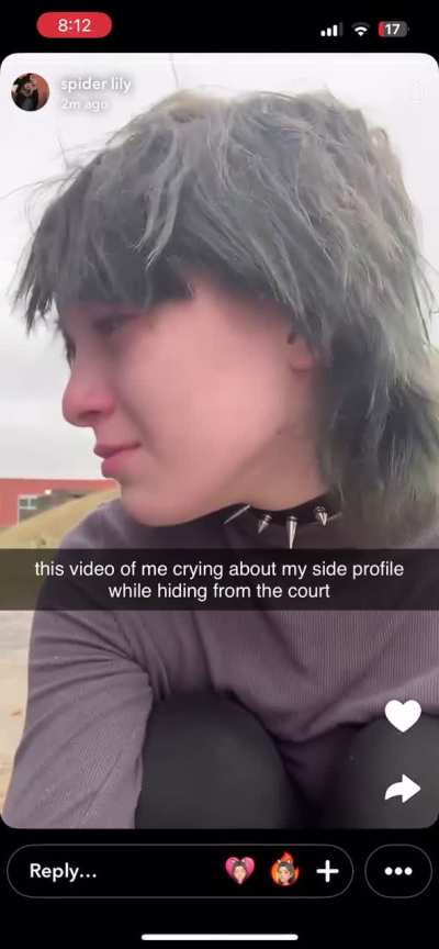 Crying about side profile and hiding from court