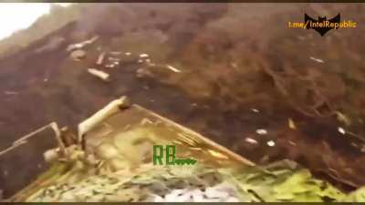 Perspective of a Russian tank commander attacking a Ukrainian position and taking prisoners 