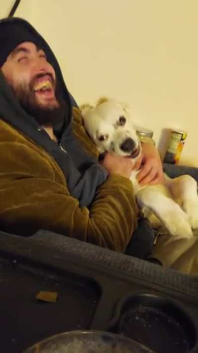 Boyfriend and dog having a very intense discussion.