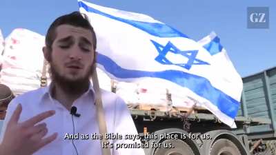 One of the hundreds odd "Israelis" blocking the aid trucks from entering while Gaza is being starved: "As the Bible says this place is for us, it's promised for us. So they can starve to death."