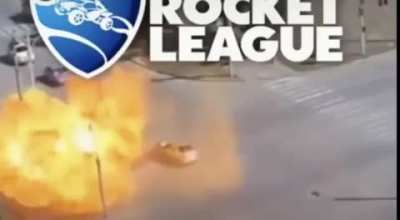 car hit ball and ball go into goal or something