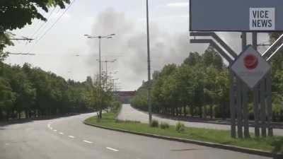 Ukrainian Mi-24 fires at enemy positions near the Donetsk airport. Donetsk city, Donetsk Oblast. 26/May/2014