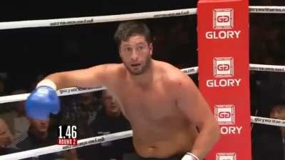 43 year old kickboxing legend Peter Aerts survives a first round knockdown and rallies back in the second round to defeat Jamal Ben Saddik who is 40 pounds heavier and 20 years younger than him