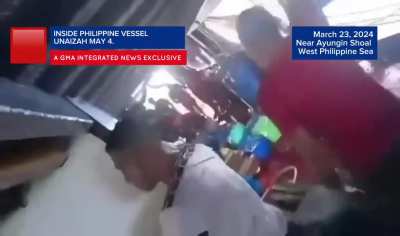 Inside the Philippine resupply boat "Unaiza Mae 4" as Chinese Coast Guard fires high-powered water cannon