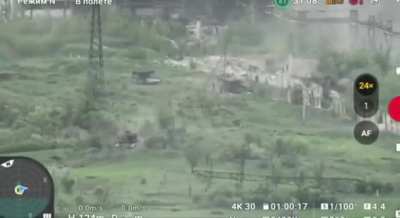 A "barn tank" and other heavy up-armored vehicles or Russia's 5th Motor Rifle Brigade attacking Krasnohorivka